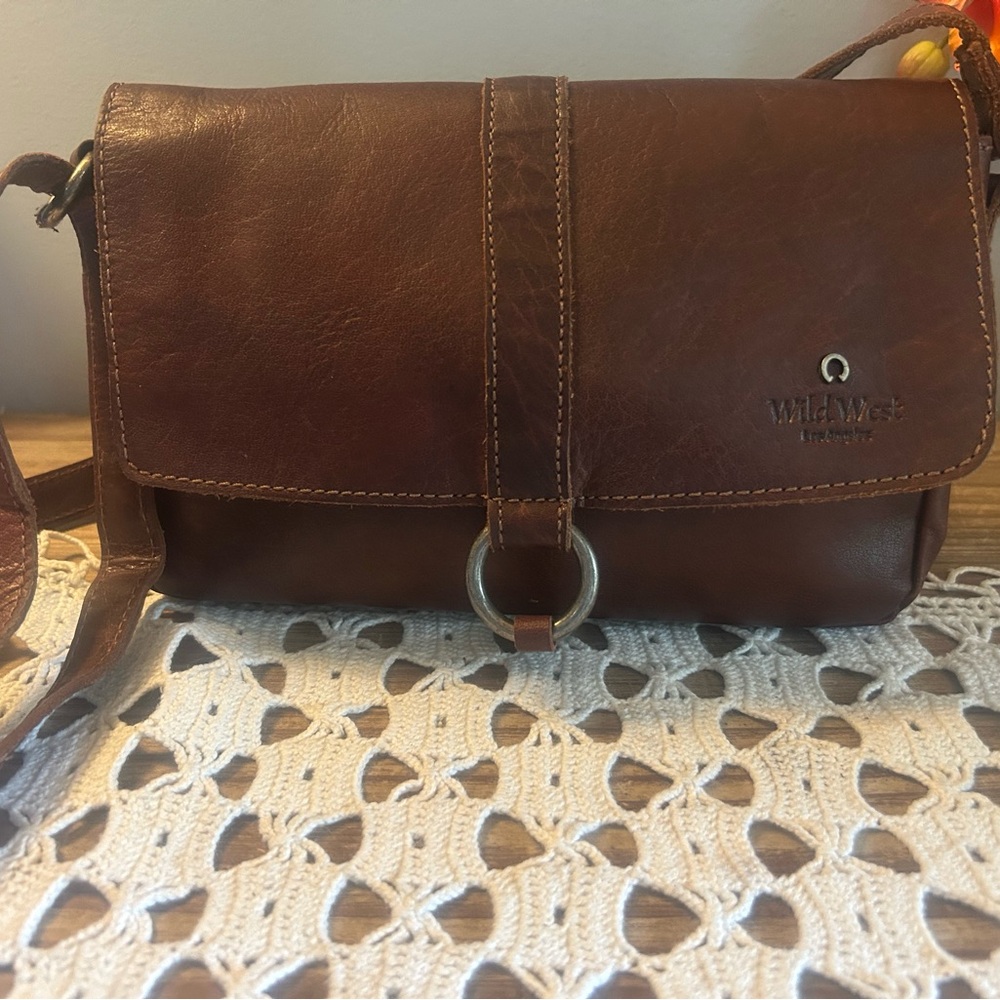 Wild West Los Angeles Cognac Brown Leather Crossbody Bag Purse Plaid Lining
